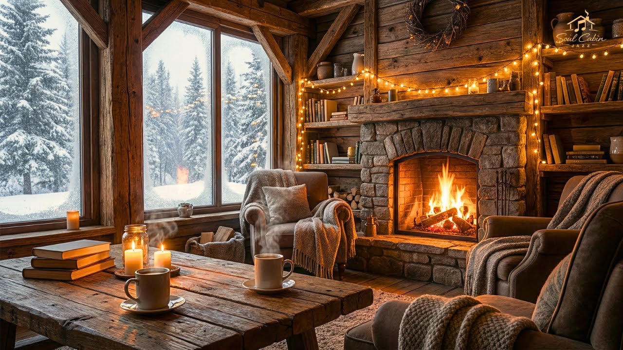 Winter Coffee Shop Ambience ☕❄️ Smooth Jazz Piano & Fireplace Sounds for Work, Study, Relax