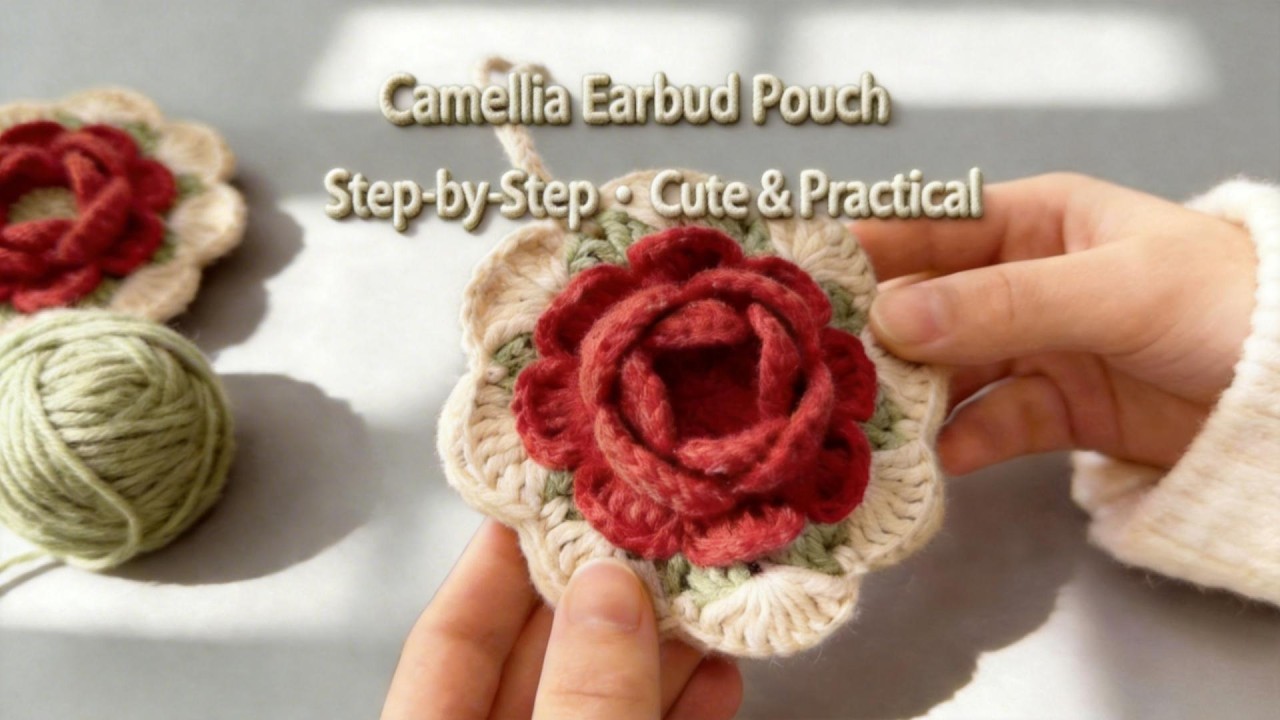 Crochet Camellia Earbud Pouch Tutorial 🌺 | Flower AirPods Case + Bag Charm (Step-by-Step)