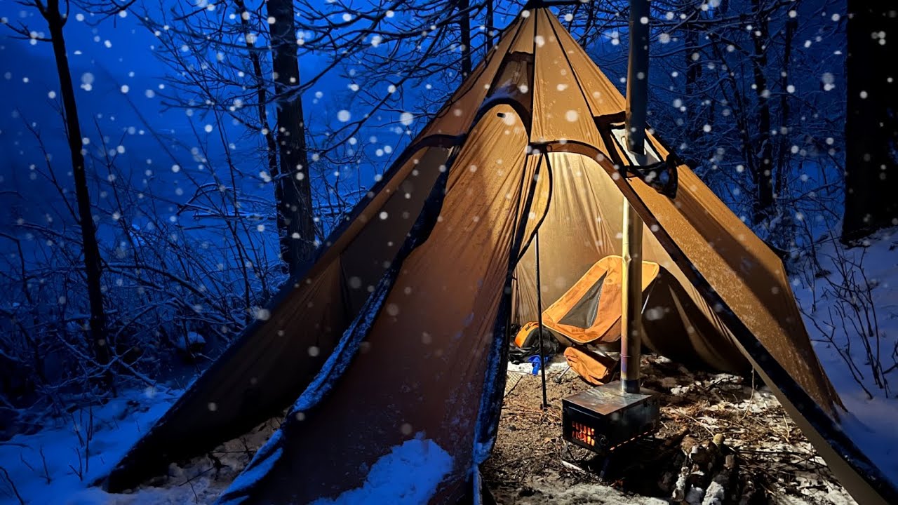 Hot Tent Camping in a SNOW STORM next to a Lake