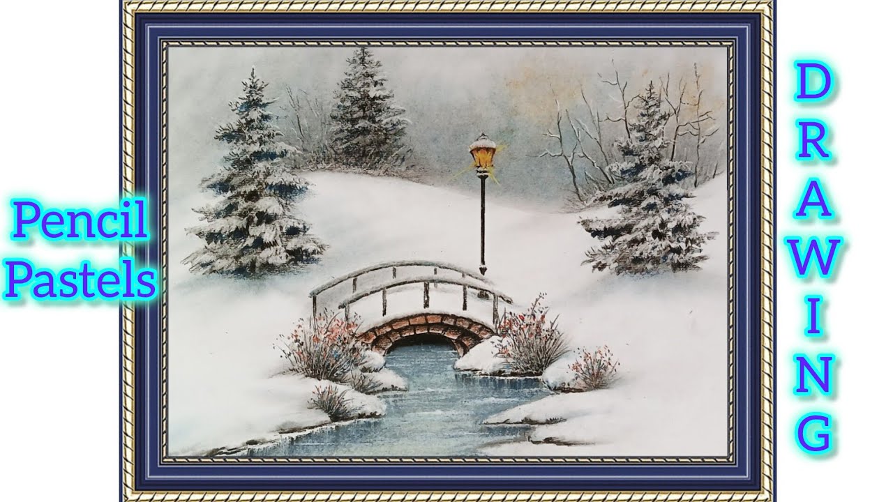 Snowy landscape illustration of bridge by pencil and pastel colour.