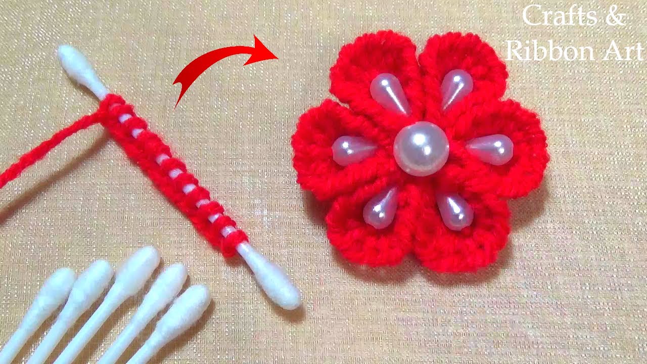 Easy Trick with Cotton Bud - Amazing Flower Craft Ideas with Wool - Hand Embroidery Flower Design