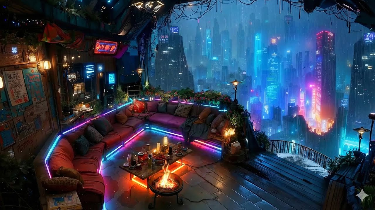 🎵 Cyberpunk Floral Terrace: Rain on Hanging Garden | Relaxing Ambient Music | 4K | 10 hrs