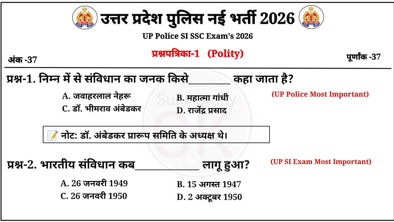 प्रश्नपत्रिका-1 : उत्तर प्रदेश पुलिस नई भर्ती 2026, Polity अति महत्वपूर्ण प्रश्न | UP Police | UPSI