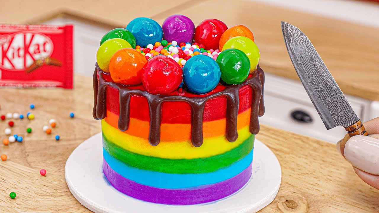 Baking Tiny Rainbow Cake With Melted Chocolate & Pop It Candy 🍫 Sweet Mini Cakes