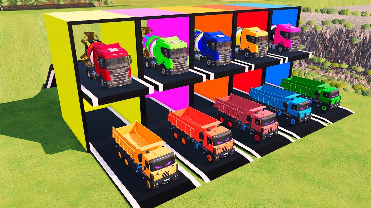 Garage with Colors – GIANT TRUCK WITH EYES Using LOWBED TRAILER, SCANIA, MAN, KENWORTH