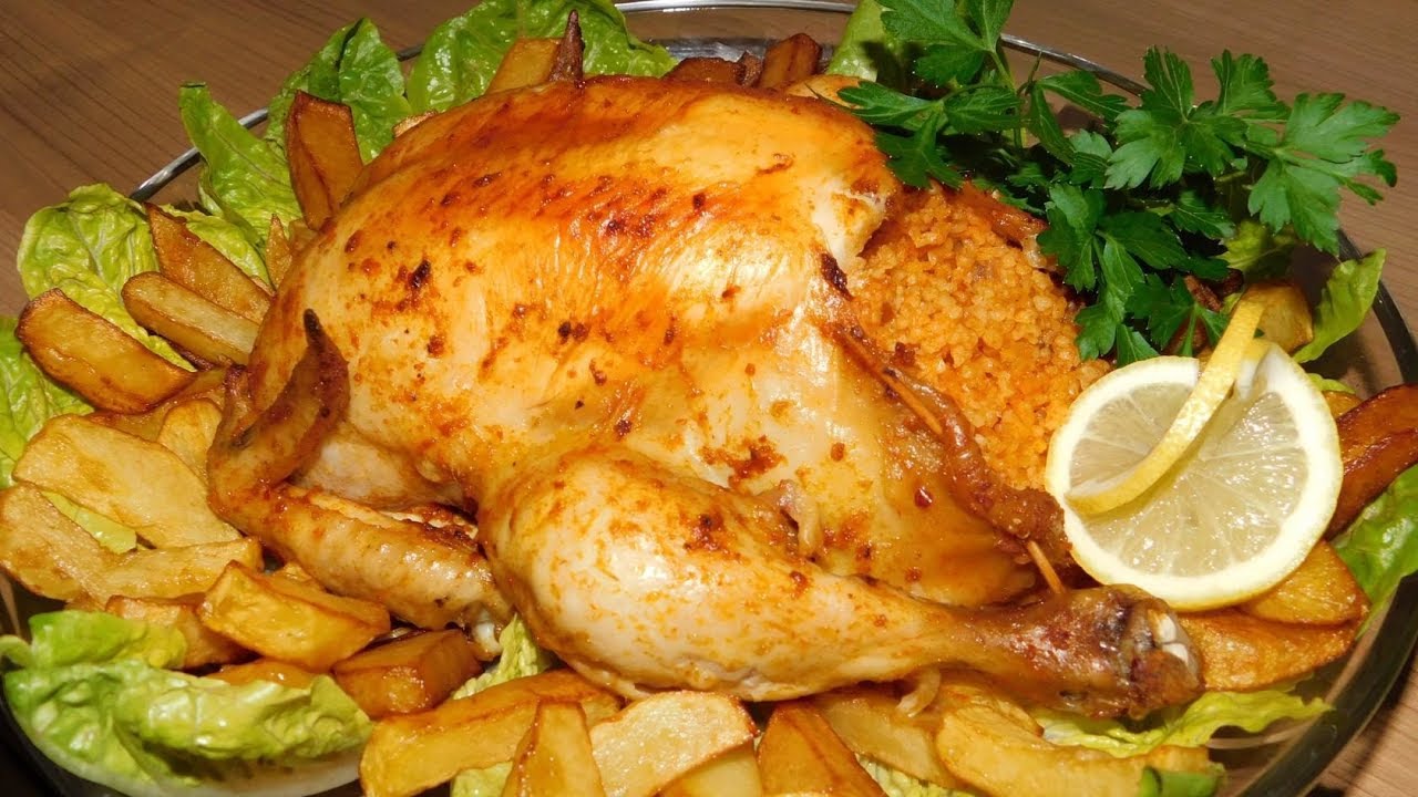 Курица в духовке начинённая булгуром.