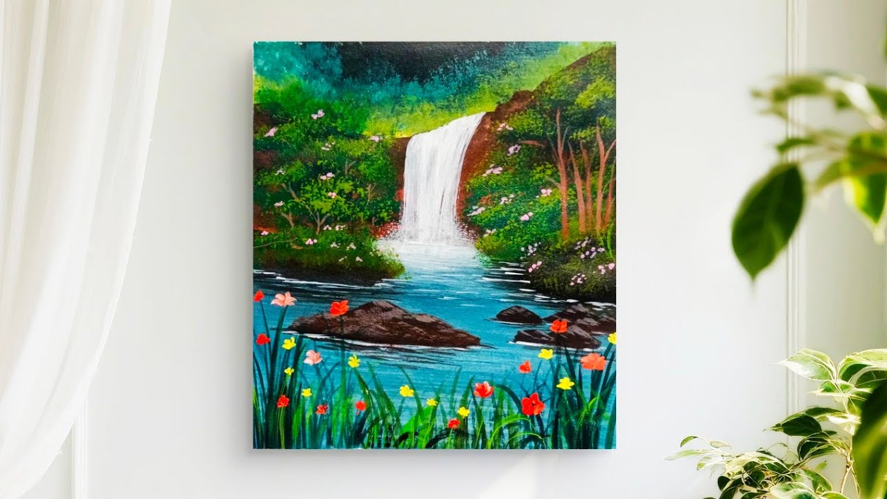 How to paint a waterfall / Easy waterfall Painting / Nature Scenary Painting / Acrylic Painting 