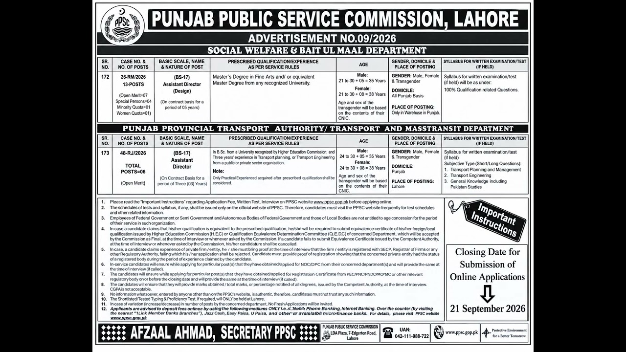 PPSC Advertisement No. 09/2026 | Assistant Director Jobs 2026 | Punjab Latest Jobs