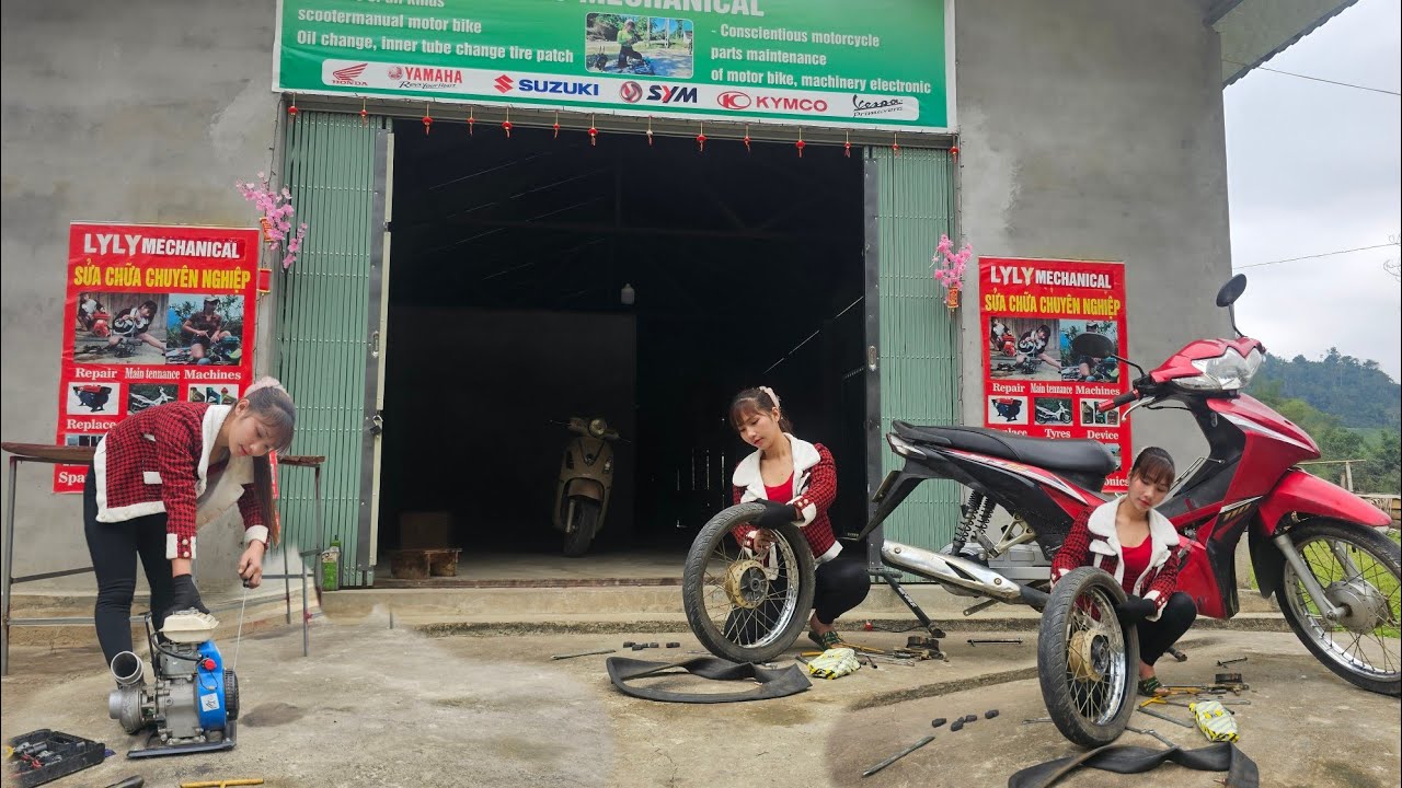The girl is skilled at quickly repairing engines and changing inner tubes on her motorbike.