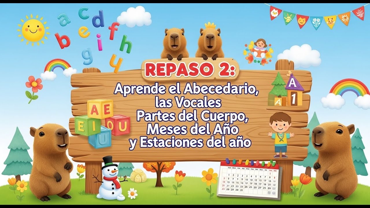 ✨ ¡Repaso2: Abecedario,vocales,partes del cuerpo, meses y estaciones del año 🐾#capibara #boomkiddo