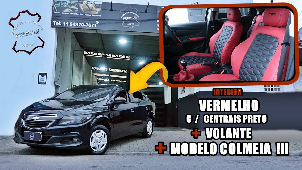 CHEVROLET PRISMA INTERIOR VERMELHO COM CENTRAIS PRETO NO MODELO COLMEIA + VOLANTE | PREMIUM