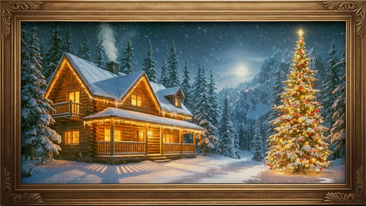 Cozy Christmas Cabin Ambience ❄️ Snowy Winter Night • Relaxing Holiday Music • 4K TV Art