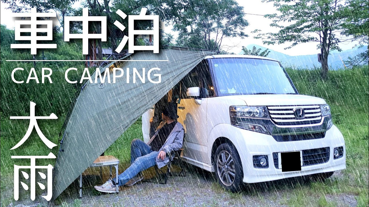 【大雨の車中泊  NBOX】夏の雨音と新緑の癒し。カーサイドタープで気軽な車中泊キャンプ