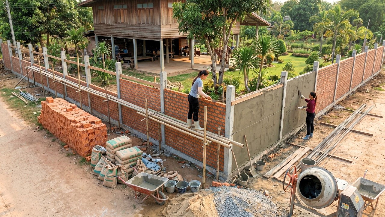 TIMELAPSE : Building Strong Brick Fences Around The House, Using An Excavator To Dig The Foundation