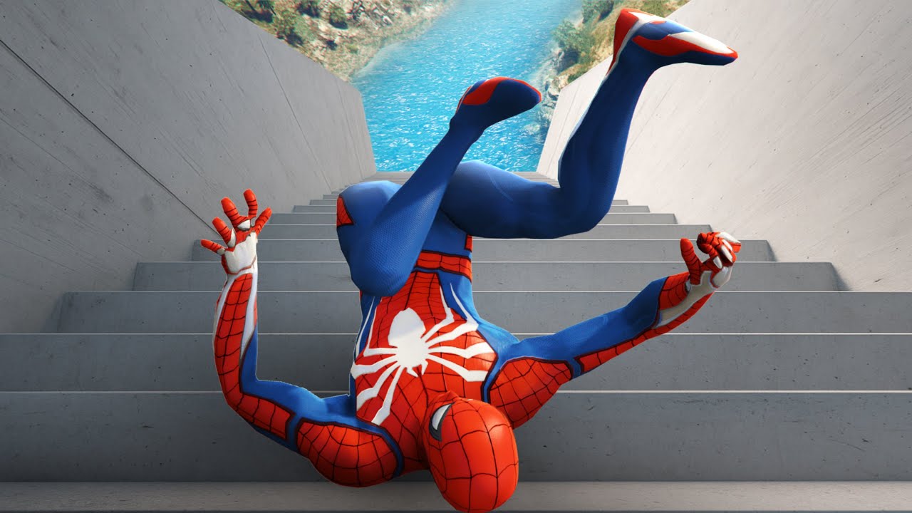 SPIDERMAN CRAZY LONG STAIRCASE RAGDOLLING/FALLING in GTA 5