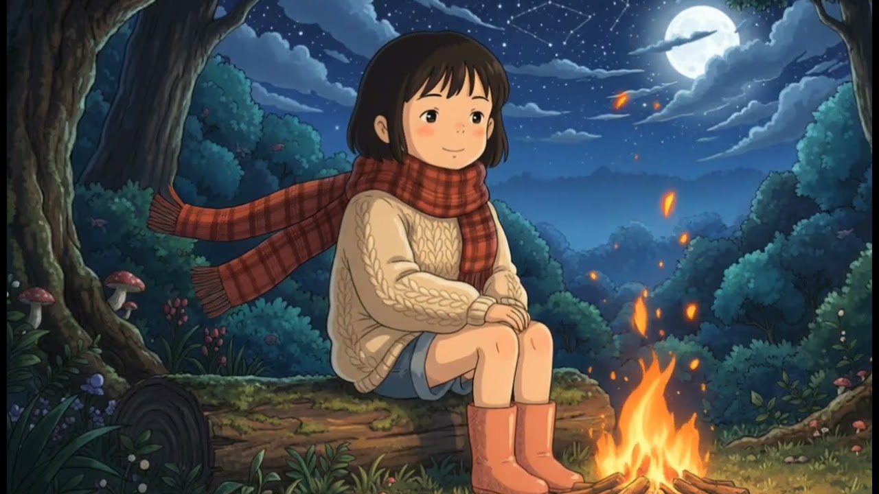 Forest Night: Cozy Campfire & Starry Sky | Ghibli-Style ASMR