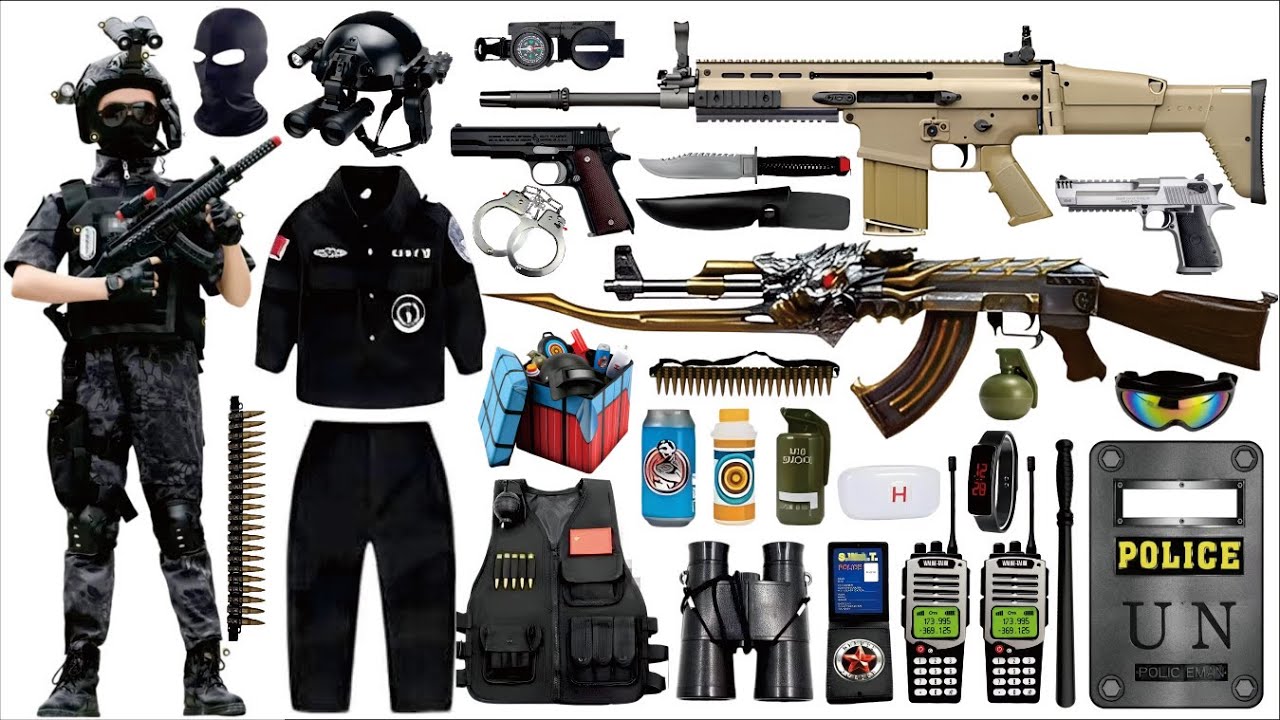Unboxing special forces toy set, including SCAR assault rifle, electric submachine gun, Glock pistol