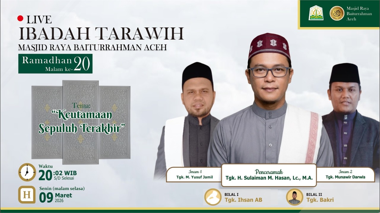 Live Ibadah Tarawih | Masjid Raya Baiturrahman Aceh | Ramadhan Ke-20 | Tgk. Sulaiman M hasan, Lc. MA