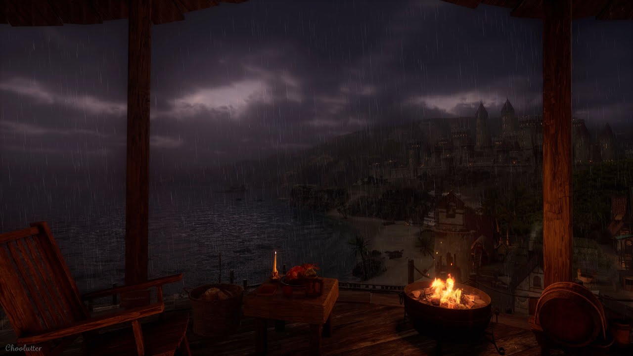Windy Rainy Night in a Seaside Medieval Village | Rain, Crackling Fire, Wave Sounds