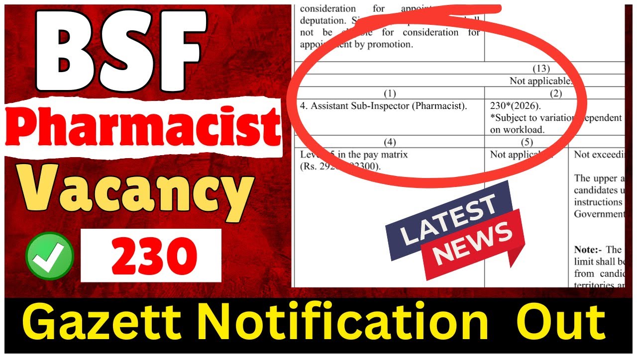 bsf pharmacist vacancy 2026 | bsf pharmacist total post 230 | bsf pharmacist gazette notfication out
