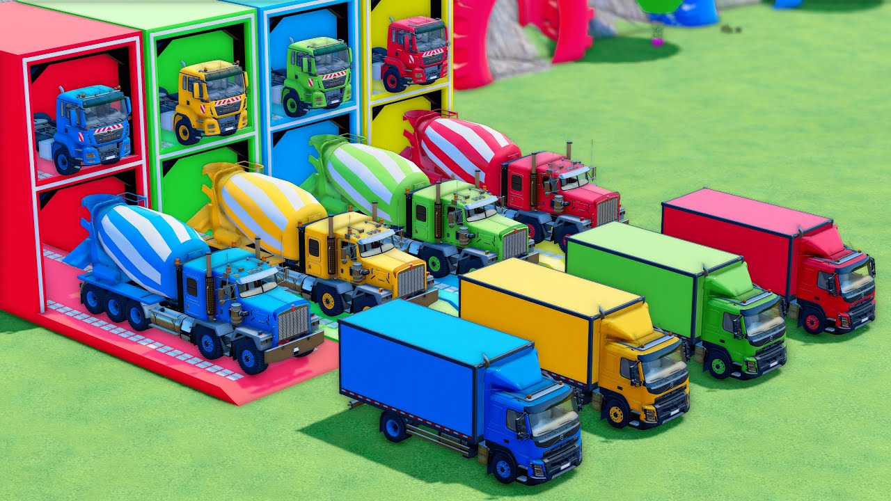 TRANSPORTING COLORED MIXER TRUCK, DUMP TRUCK, MAN, MACK, VOLVO, SCANIA WITH FLATBED TRAILER TRUCK