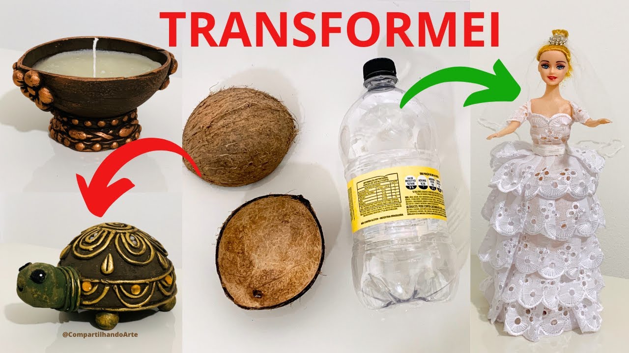 ARTESANATOS COM CASCA DE COCO E GARRAFA PET   3 ideias criativas do Compartilhando Arte
