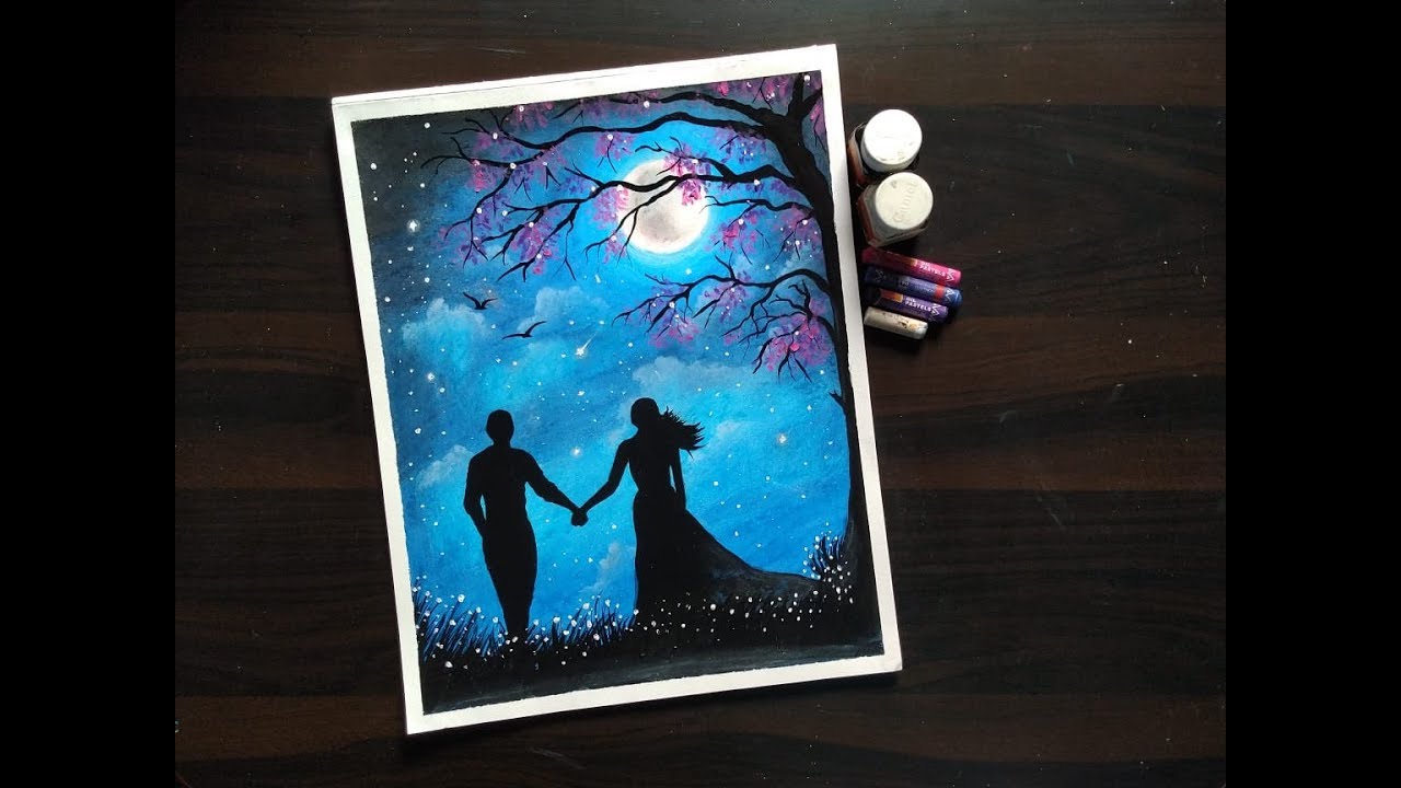 Valentine day drawing Moon Light Couple Drawing || Romantic couple paiting ||Oil Pastel Drawing