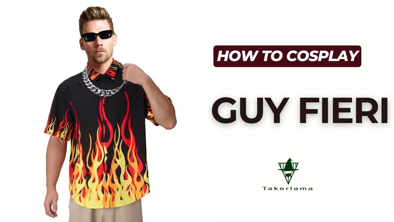 #Takerlama Guy Fieri Flame Button Down T-Shirt Men Chef Cosplay Costume &lsquo;90s Fashion Necklace Glasse