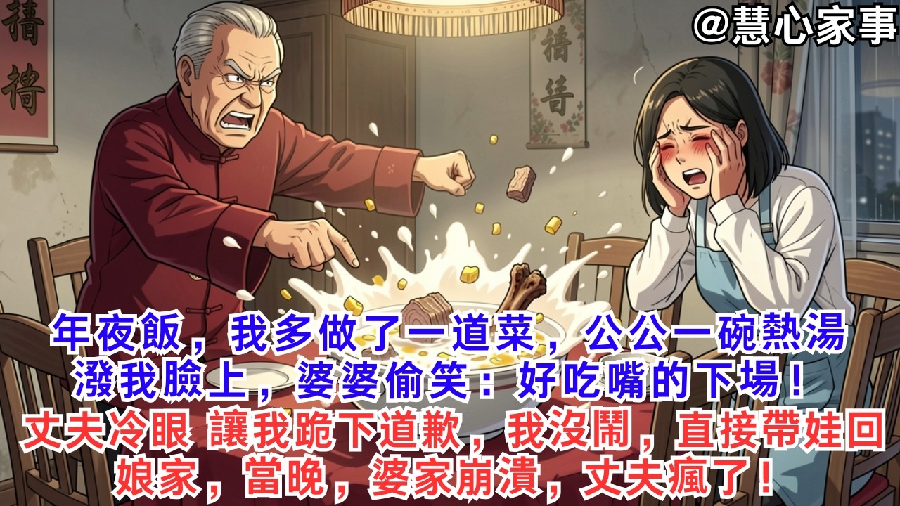 年夜飯，我多做了一道菜，公公一碗熱湯潑我臉上，婆婆偷笑：好吃嘴的下場！丈夫冷眼，讓我跪下道歉，我沒鬧，直接帶娃回娘家，當晚，婆家崩潰，丈夫瘋了！#為人處世#情感故事#故事#小說#戀愛#情感#婚姻