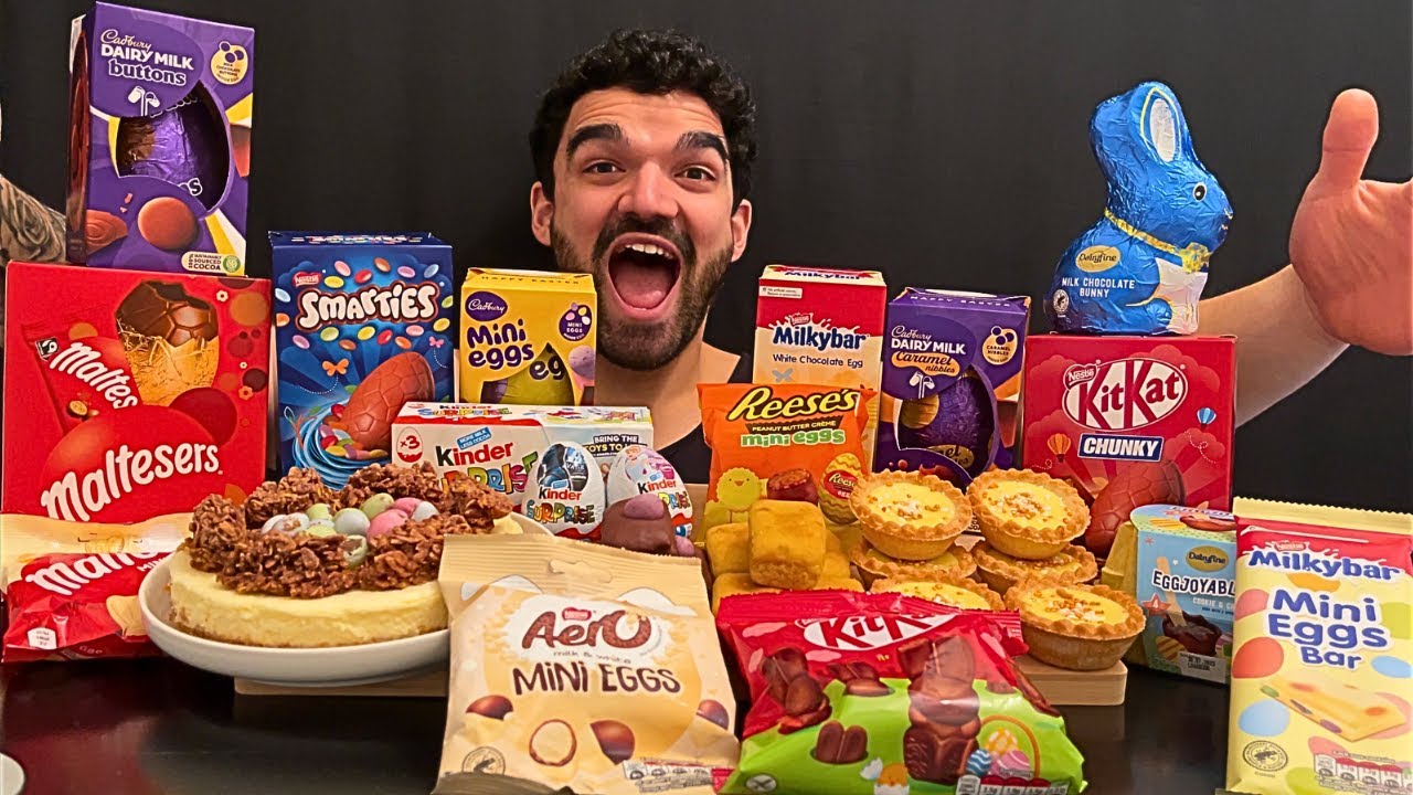 BEST ASMR MUKBANG EASTER SPECIAL KINDER EGGS MALTESERS KITKAT EGGS CHEESECAKE EATING SOUNDS