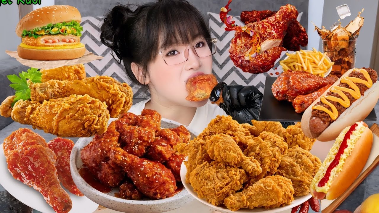 Mukbang Gà Sốt Cay, Gà Rán Giòn Vui Vẻ, Hamburger,Hot Dog|Spicy Chicken Mukbang,Crispy Fried Chicken