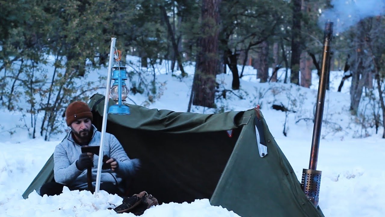 SOLO HOT TENT WINTER CAMPING | ARMY PUP TENT | BAKER STYLE CANVAS TENT | WOOD STOVE | HIKE