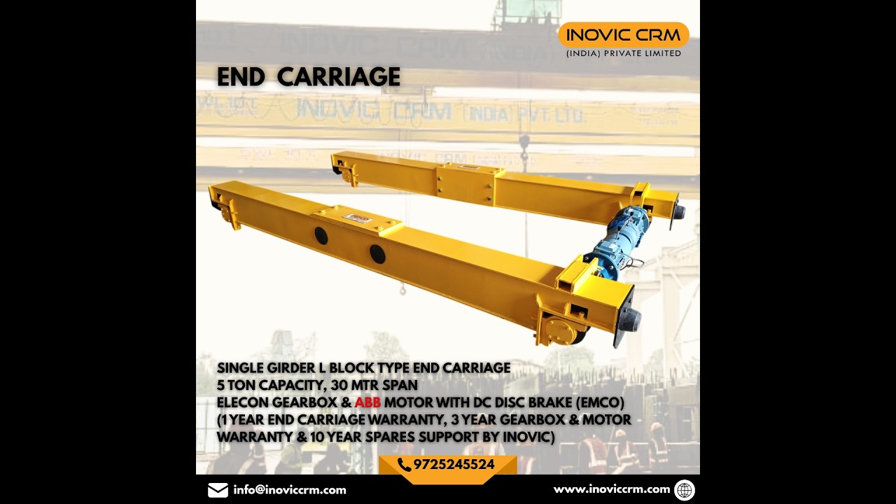 5 Ton Single Girder L-Block End Carriage | 30m Span | Elecon Gearbox & ABB Motor | DC Disc Brake