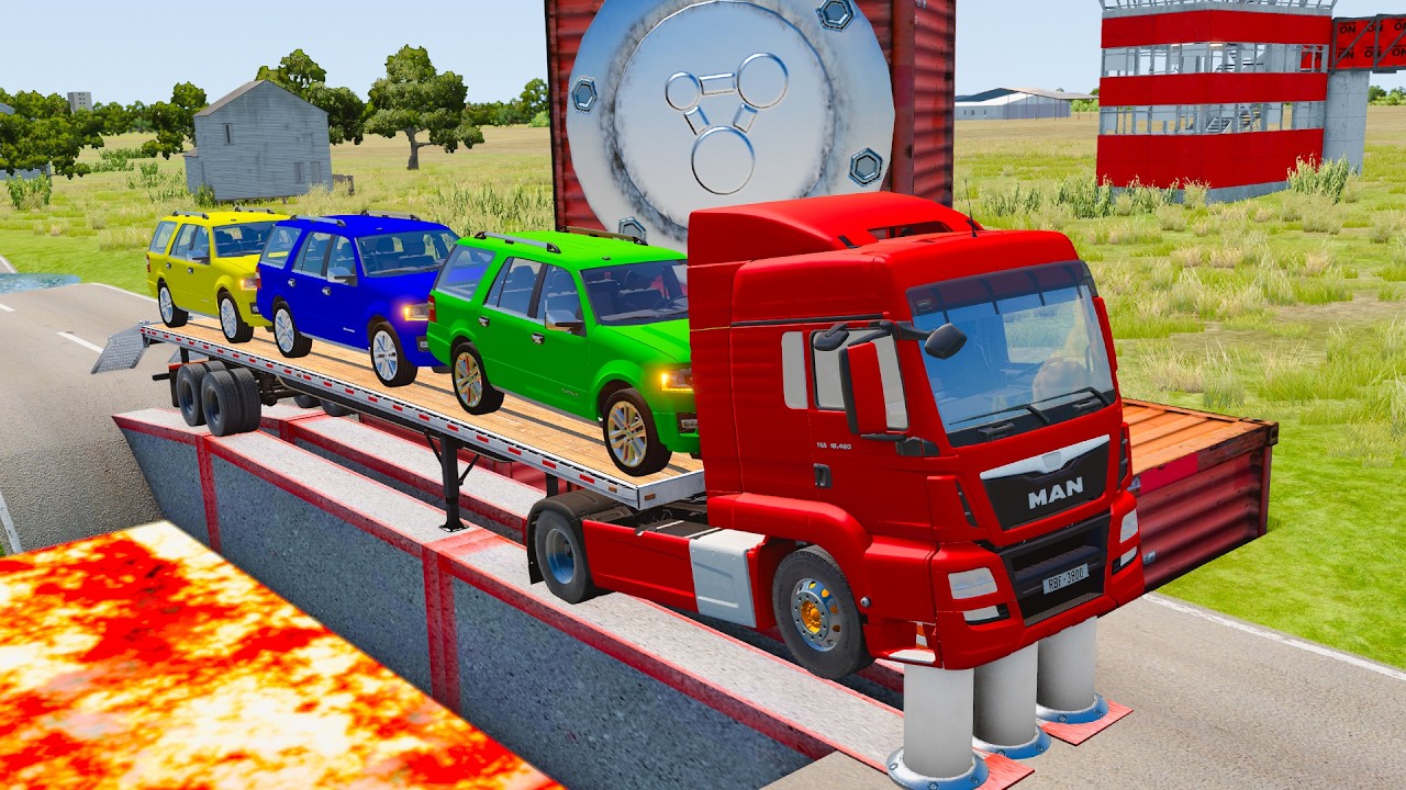 Truck Transporting Lightning McQueen | Pothole Road Crash Test - BeamNG.drive