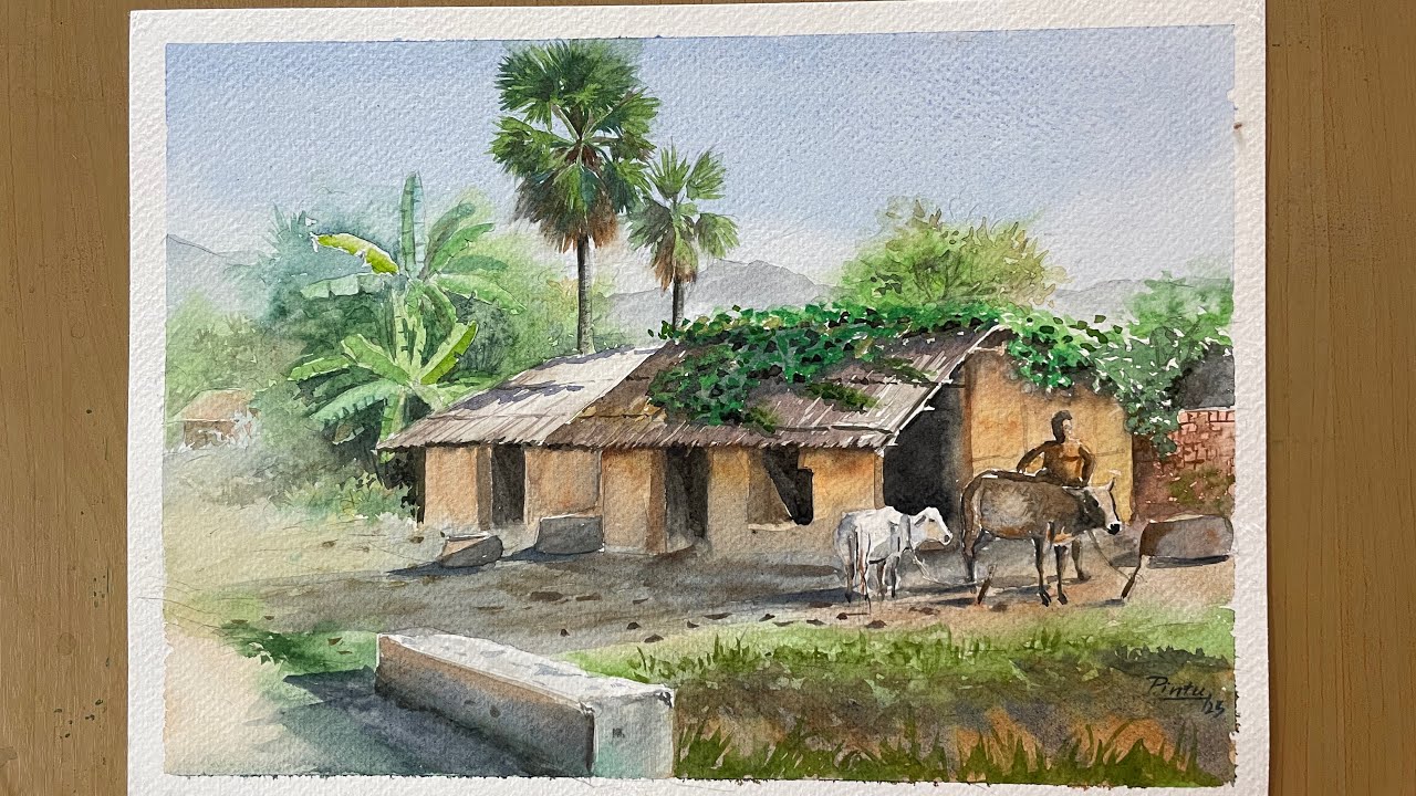 How to paint a village scenery in watercolour