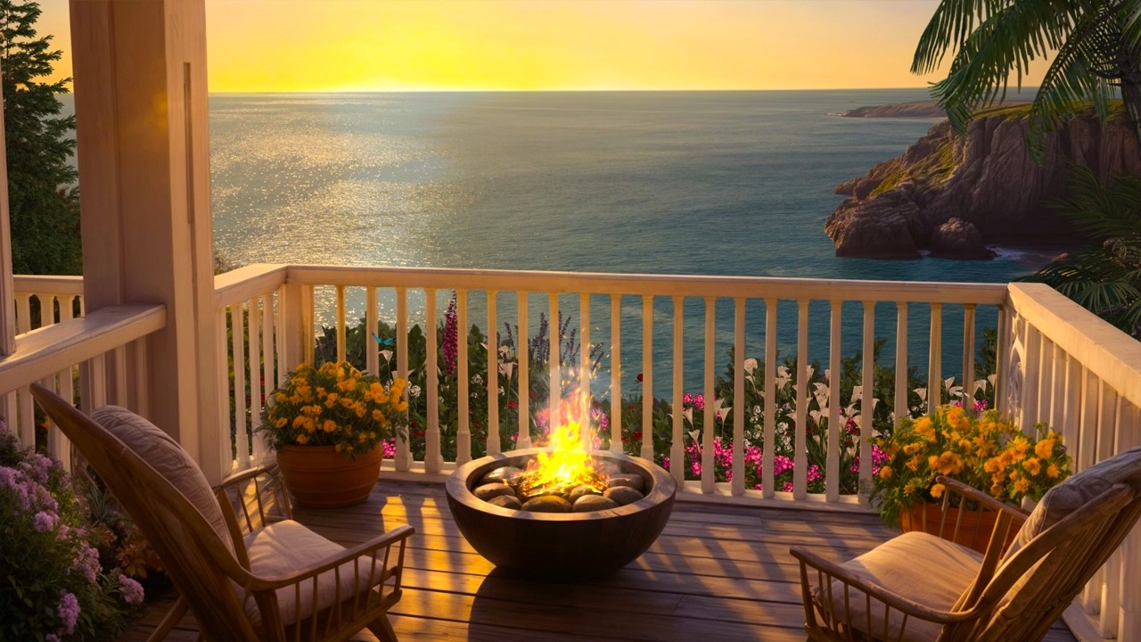 Cozy Ocean Sunset 🔥🌊 | Seaside Porch Stone Fireplace & Ocean Waves for Sleep and Healing