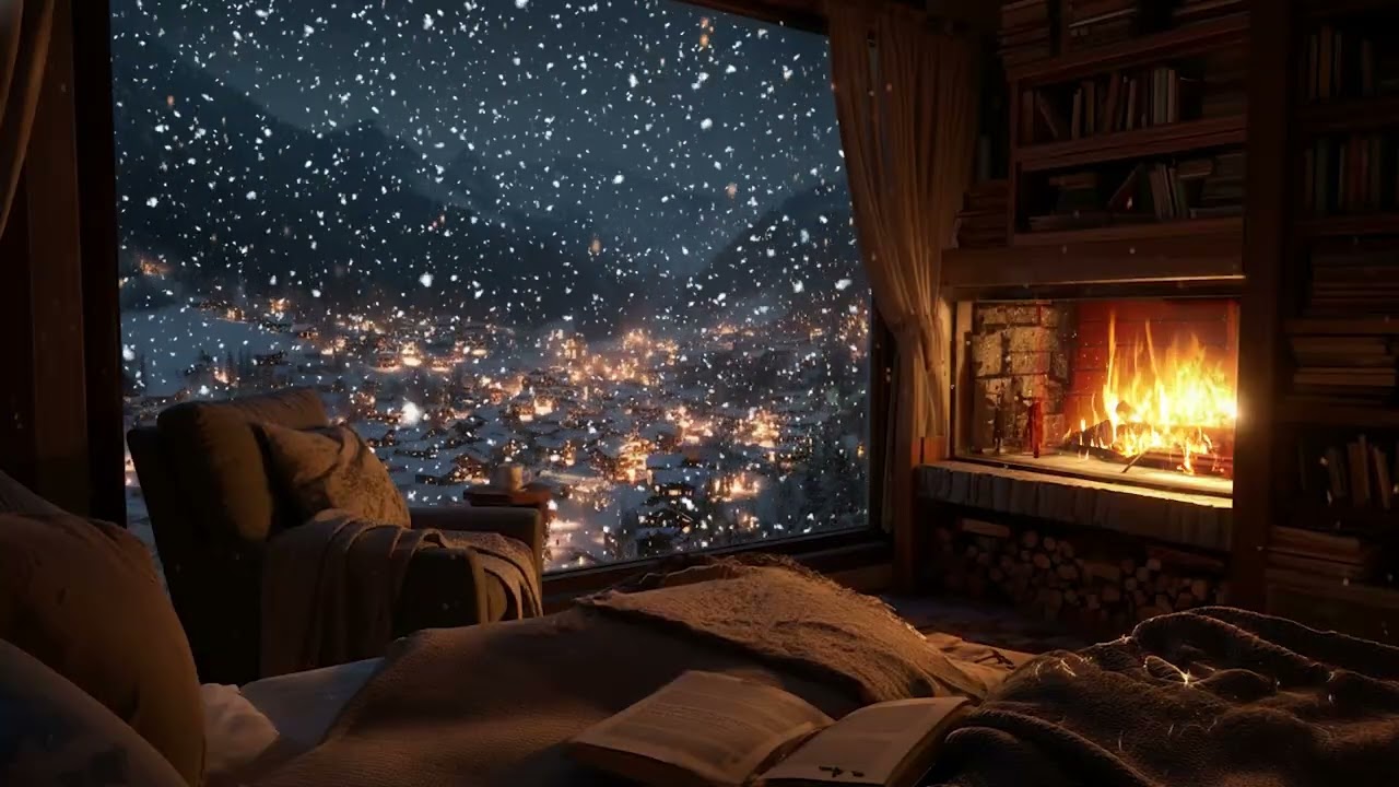 Tranquil Snowy Cabin Evening | Warm Firelight and Gentle Snow for Rest