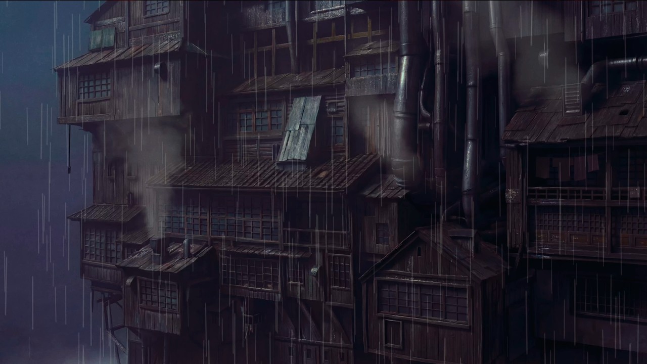 8 Hours Spirited Away Ambience | Dark Bathhouse Exterior, Heavy Rain | No Music