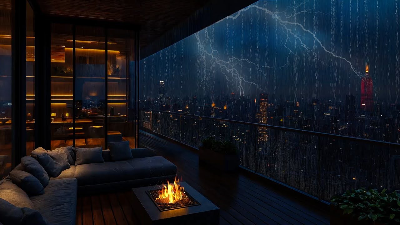 Cozy Balcony Night in a Rainy City | Rain, Thunder & Crackling Fireplace Sounds for Sleep & Healing