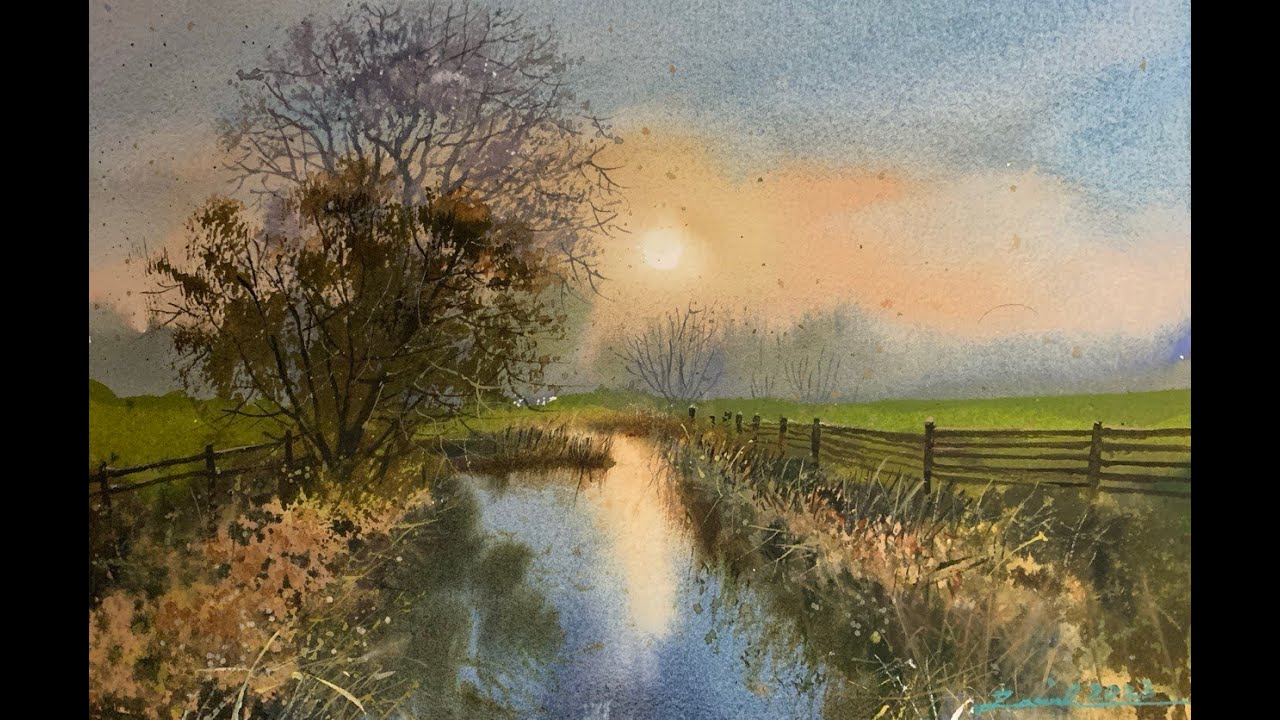 Watercolor painting of sunset landscape of river side tree