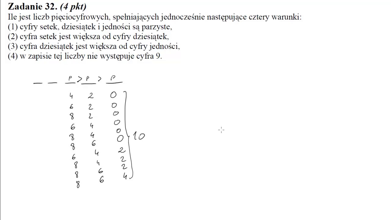 32 Ile jest liczb pięciocyfrowych, spełniających jednocześnie następujące cztery warunki