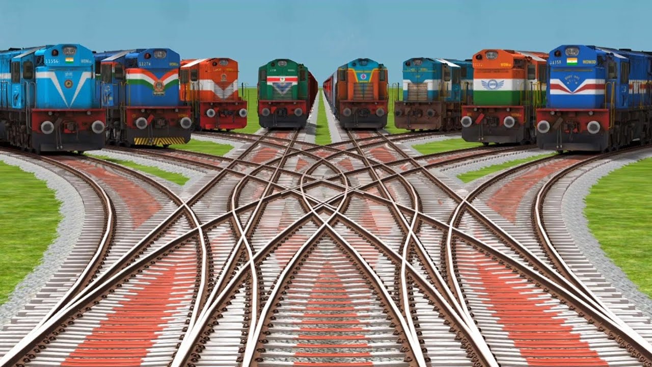 8 Trains Crossing On Bumpy Forked Railroad Crossing Tracks || 3d Gameplay Railgadi Daimond
