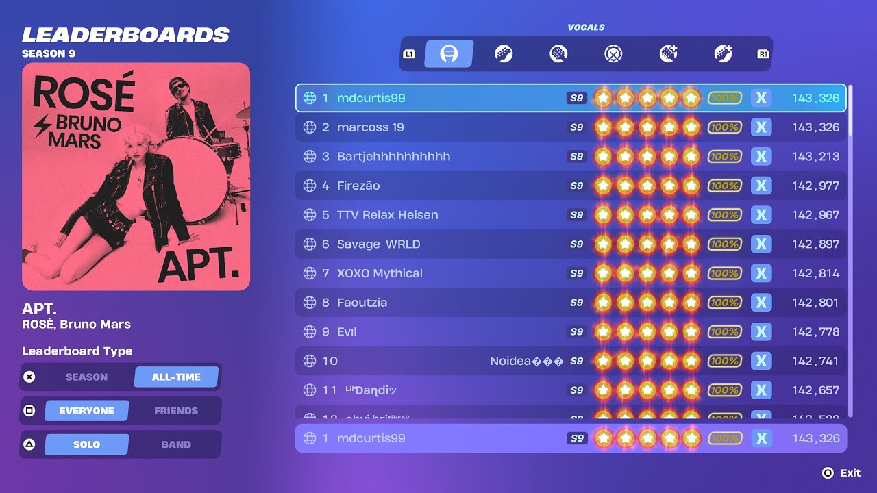 [Fortnite Festival S9] APT. Expert Vocals 100% FC 1st Place All Perfects