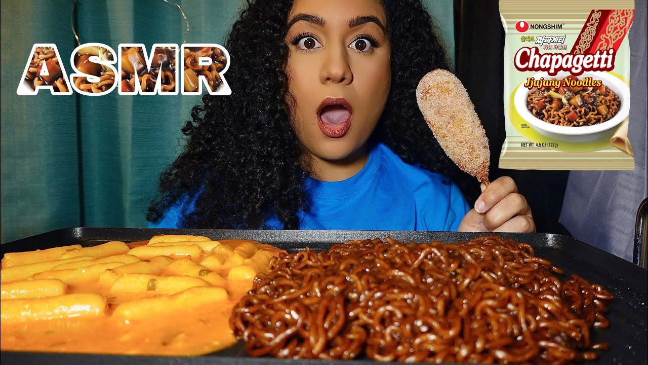 ASMR TTEOKBOKKI JJAJANG NOODLES CHAPAGETTI KOREAN CORN DOG MOZZARELLA CHEESE MUKBANG (eating sounds)