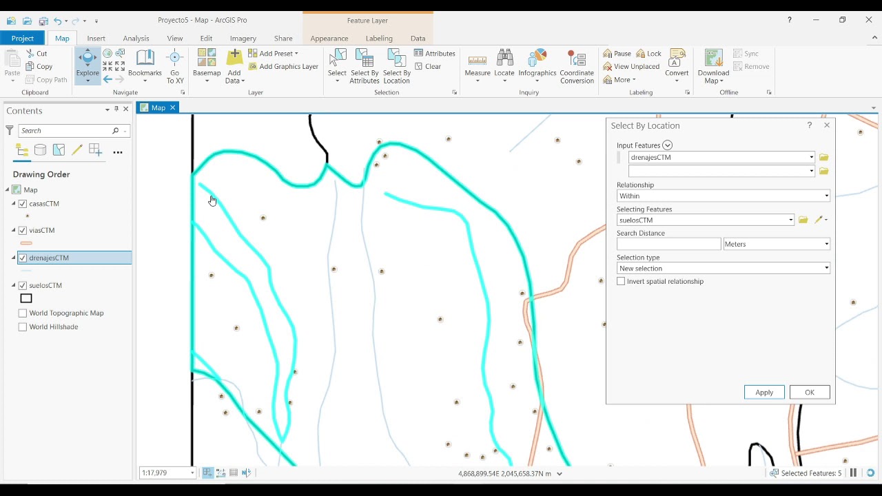 Selección por localización en ArcGIS Pro.
