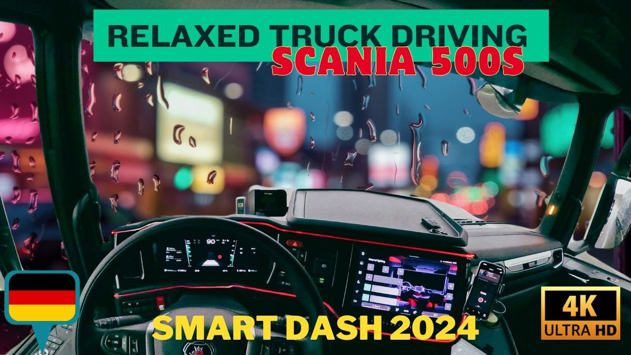Relaxed Truck Driving in the rain from Kassel to Paderborn. SCANIA 500S Smart Dash 2024