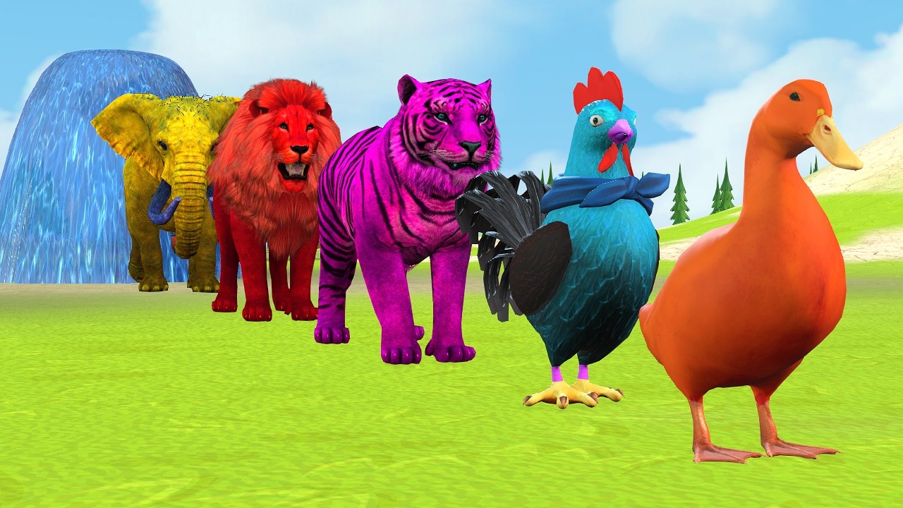 Long Slide Game With Elephant Gorilla Buffalo Hippopotamus Tiger - 3d Animal Game - Funny 3d Animals