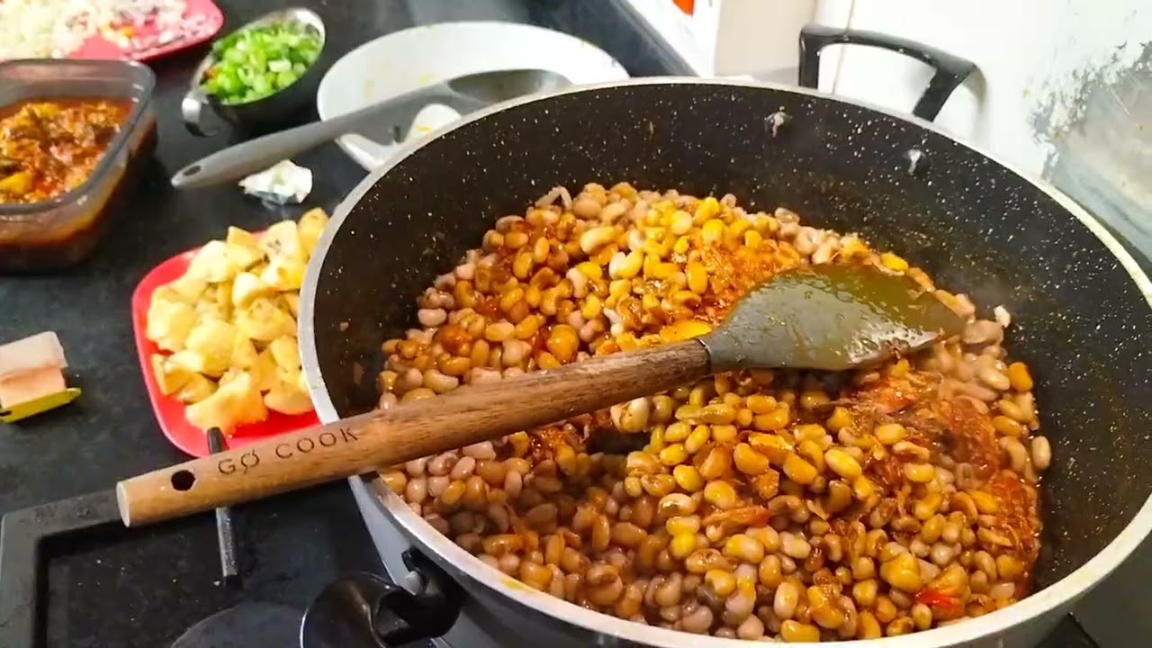 I made Beans with plantain,beef ,chicken,&fish