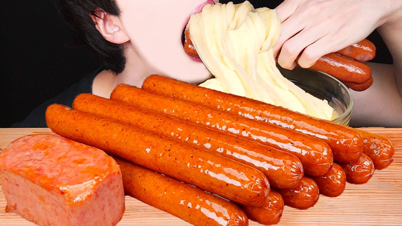 ASMR SAUSAGE STRETCHY CHEESE SPAM COOKING MUKBANG 소세지 치즈 스팸 먹방 ソーセージ チーズ 咀嚼音Sosis keju EATING SOUNDS
