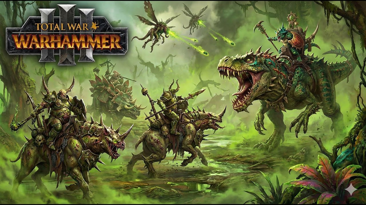 《Total War: Warhammer 3》納垢不死軍團！空軍遠程點殺恐懼蜥王 腐朽騎士全場衝鋒磨死蜥蜴人